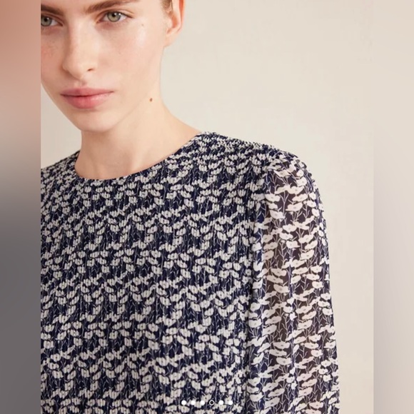 Boden Long Puff Sleeve Plisse’ Belted A-line Mini Dress French Navy Poppy Vine - Picture 11 of 12